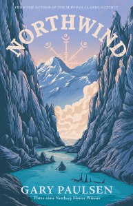Cover of "Northwind" by Gary Paulsen, looking into a fjord with rocky cliffs. In the water, a small one-man canoe paddles away, closely followed by a small ground of orca whales.